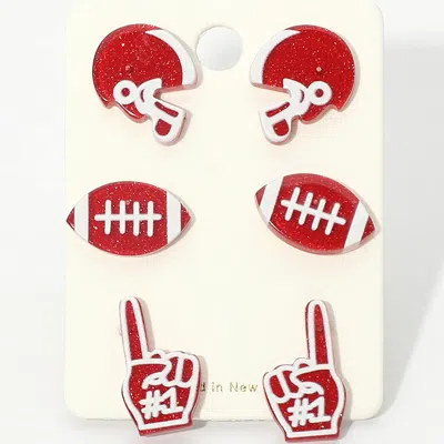 Fashnzfab 3pairs - Game Day Football Helmet Ball Number One Sign Stud Earring Set In Red