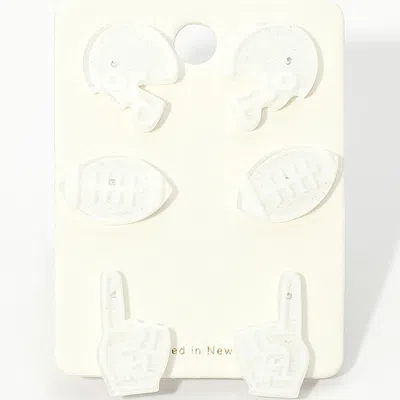 Fashnzfab 3pairs - Game Day Football Helmet Ball Number One Sign Stud Earring Set In White