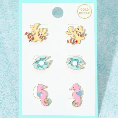 Fashnzfab 3pairs - Gold Dipped Enamel Fish Coral Shell Seahorse Stud Earring Set In White