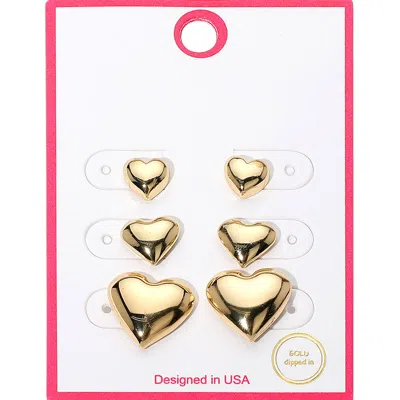 Fashnzfab 3pairs - Gold Dipped Graduated Size Metal Puffy Heart Stud Earrings