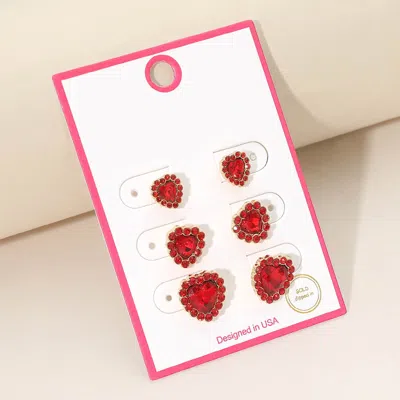 Fashnzfab 3pairs - Gold Dipped Heart Halo Stud Earring Set In Red