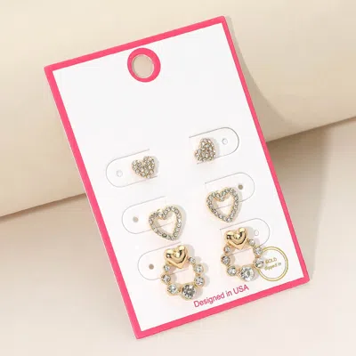 Fashnzfab 3pairs - Gold Dipped Heart Wreath Stud Earring Set Gold In Silver