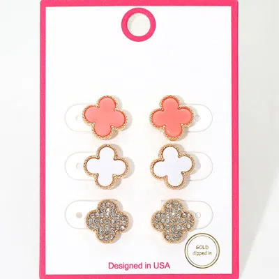 Fashnzfab 3pairs - Gold Dipped Quatrefoil Stud Earring Set In Multi