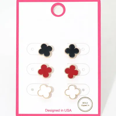 Fashnzfab 3pairs - Gold Dipped Quatrefoil Stud Earring Set In Multi