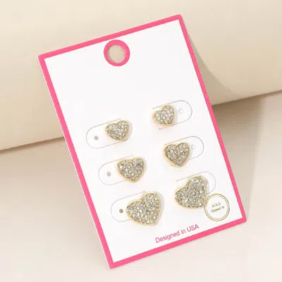 Fashnzfab 3pairs - Gold Dipped Stone Pave Heart Stud Earring Set In Multi