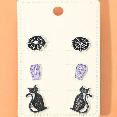 Fashnzfab 3pairs - Halloween Black Cat Spider Web Coffin Stud Earring Set In Multi