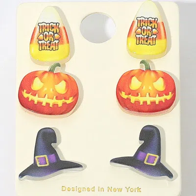 Fashnzfab 3pairs - Halloween Candy Corn Pumpkin Witch Hat Stud Earring Set In Red