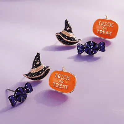 Fashnzfab 3pairs - Halloween Candy Witch Hat Pumpkin Stud Earring Set In Multi