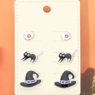 Fashnzfab 3pairs - Halloween Eyeball Black Cat Witch Hat Stud Earring Set In Gold