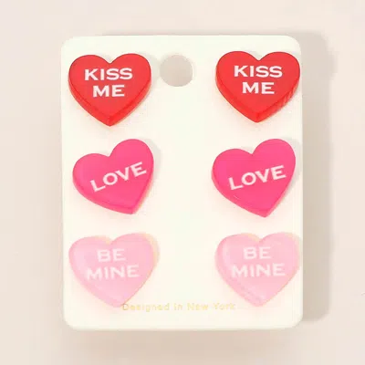 Fashnzfab 3pairs - Kiss Me Love Be Mine Heart Stud Earring Set In Multi
