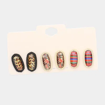 Fashnzfab 3pairs - Leopard Serape Patterned Hexagon Stud Earrings In Multi