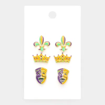 Fashnzfab 3pairs - Mardi Gras Fleur De Lis Crown Mask Stud Earrings In Green