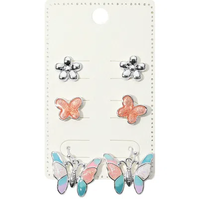 Fashnzfab 3pairs - Metal Flower Enamel Butterfly Stud Dangle Earrings Set In Pink