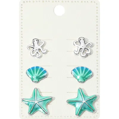 Fashnzfab 3pairs - Metal Octopus Enamel Seashell Starfish Stud Earring Set In Multi