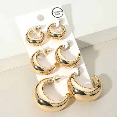 Fashnzfab 3pairs - Metal Puffy Hoop Earring Set In Gold