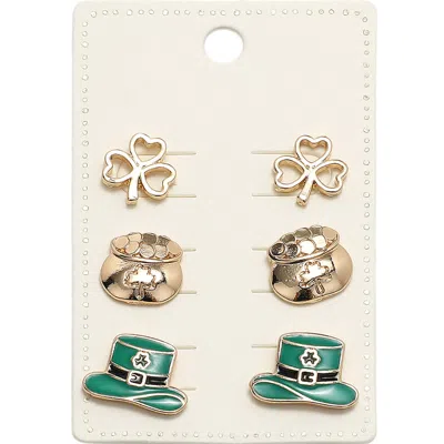 Fashnzfab 3pairs - Metal St Patricks Shamrock Clover Enamel Leprechaun Stud Earring Set In Multi