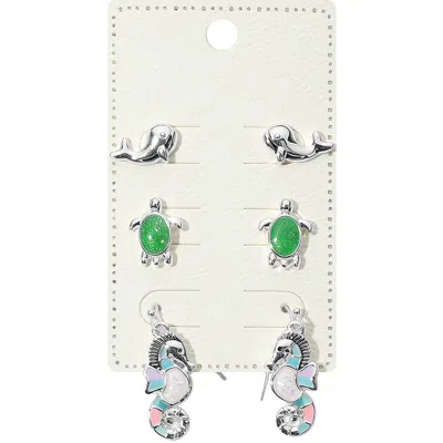 Fashnzfab 3pairs - Metal Whale Enamel Turtle Stud Seahorse Dangle Earrings Set In Multi