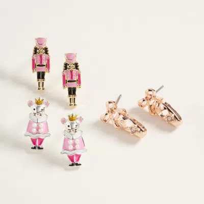 Fashnzfab 3pairs - Nutcracker Soldier Mouse King Ballet Shoe Stud Earring Set In Gold