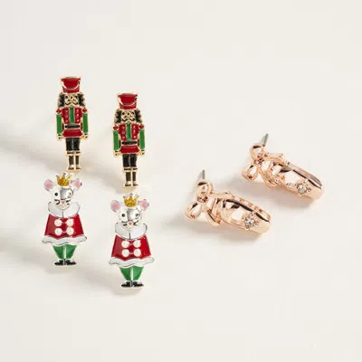 Fashnzfab 3pairs - Nutcracker Soldier Mouse King Ballet Shoe Stud Earring Set In Silver