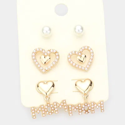 Fashnzfab 3pairs - Pearl Embellished Heart Mom Earrings In Silver