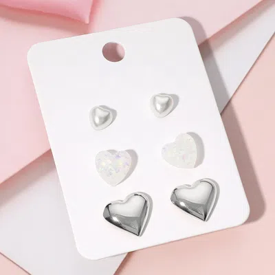 Fashnzfab 3pairs - Pearl Metal Heart Stud Earring Set In Silver