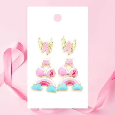 Fashnzfab 3pairs - Pink Ribbon Wings Bra Rainbow Stud Earrings - Gold, Pink