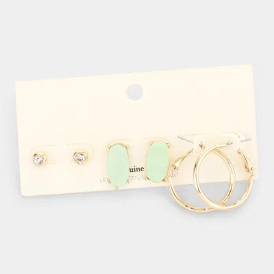 Fashnzfab 3pairs - Round Stone Hexagon Bead Metal Hoop Earrings In Gold