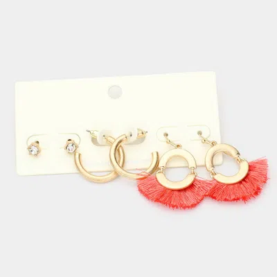 Fashnzfab 3pairs - Round Stone Metal Hoop Tassel Fringe Earrings In Pink