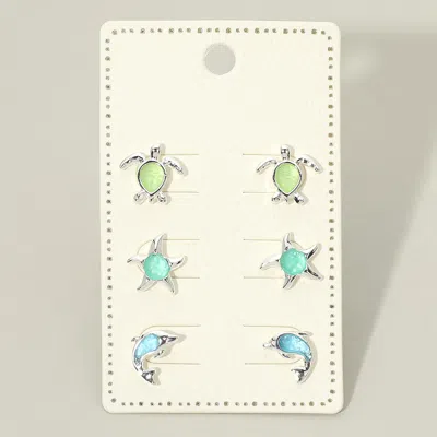 Fashnzfab 3pairs - Sea Glass Starfish Dolphin Turtle Stud Earring Set In Blue
