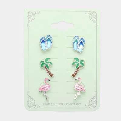 Fashnzfab 3pairs - Shoes Palm Tree Flamingo Stud Earrings Set In Multi