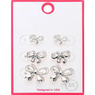 Fashnzfab 3pairs - Silver Dipped Graduated Size Metal Bow Stud Earring Set