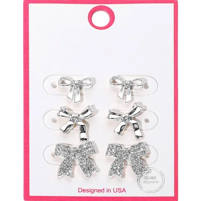 Fashnzfab 3pairs - Silver Dipped Rhinestone Detail Bow Stud Earring Set In Multi