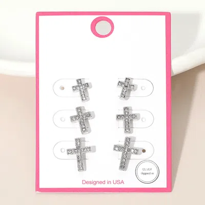 Fashnzfab 3pairs - Silver Dipped Stone Pave Cross Stud Earring Set Rhodium