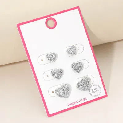 Fashnzfab 3pairs - Silver Dipped Stone Pave Heart Stud Earring Set