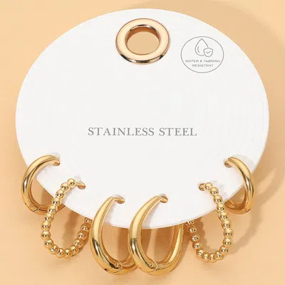 Fashnzfab 3pairs - Stainless Steel Beaded Plain Oval Huggie Hoop Earrings In Gold
