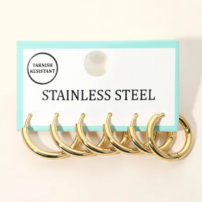 Fashnzfab 3pairs - Stainless Steel Classic Huggie Hoop Earring Set 0.6" - 0.75" L In Gold