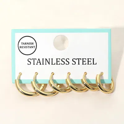 Fashnzfab 3pairs - Stainless Steel Classic Huggie Hoop Earring Set In Gold