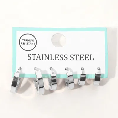 Fashnzfab 3pairs - Stainless Steel Flat Huggie Hoop Earring Set In Silver