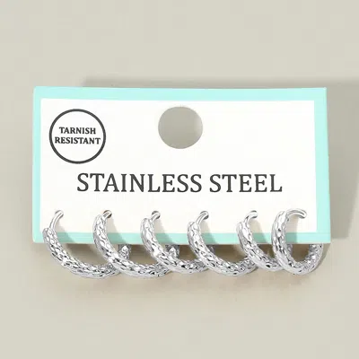 Fashnzfab 3pairs - Stainless Steel Textured Huggie Hoop Earring Set In Silver