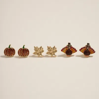 Fashnzfab 3pairs - Thanksgiving Pumpkin Turkey Autumn Leaf Stud Earring Set In Gold