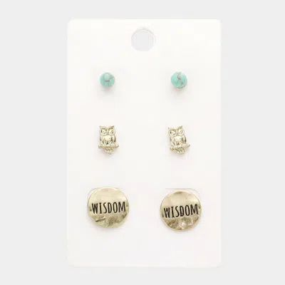 Fashnzfab 3pairs - Turquoise Owl Wisdom Message Stud Earrings In Silver
