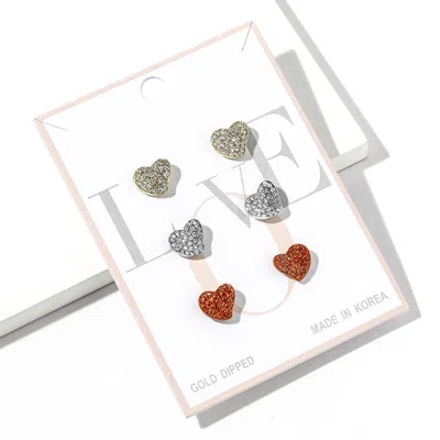 Fashnzfab 3pairs - White Gold Dipped Rhinestone Pave Heart Stud Earring Set In Silver