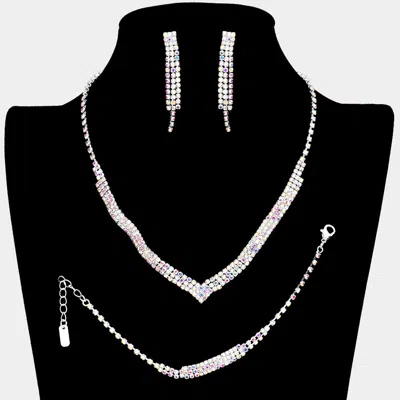 Fashnzfab 3pcs - 3rows Crystal Rhinestone Necklace Jewelry Set In Black