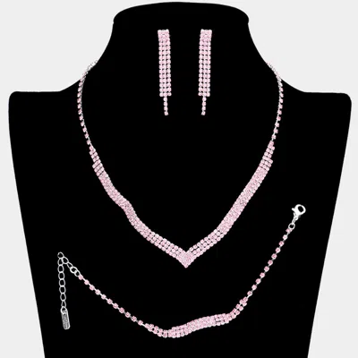 Fashnzfab 3pcs - 3rows Crystal Rhinestone Necklace Jewelry Set In Metallic