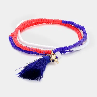 Fashnzfab 3pcs - American Usa Flag Colored Tassel Pointed Faceted Beaded Stretch Multi Layered Bracelets Multi