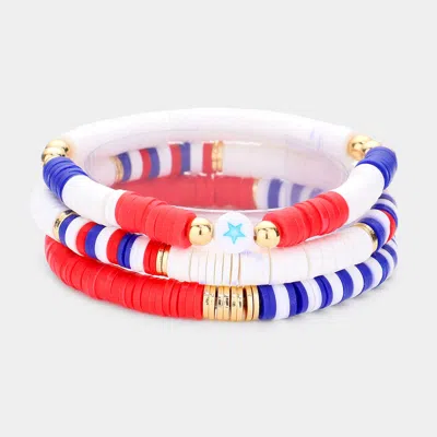 Fashnzfab 3pcs - American Usa Flag Heishi Beads Multi Layered Bracelets Multi