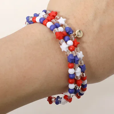Fashnzfab 3pcs - American Usa Star Beaded Stretch Multi Layered Bracelets Gold