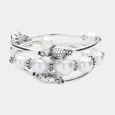 Fashnzfab 3pcs - Antique Metal Sea Turtle Sand Dollar Pointed Pearl Stretch Multi Layered Bracelets