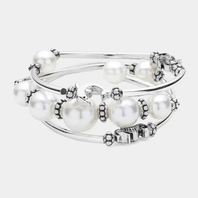 Fashnzfab 3pcs - Antique Silver Dolphin Sea Horse Pointed Pearl Stretch Multi Layered Bracelets
