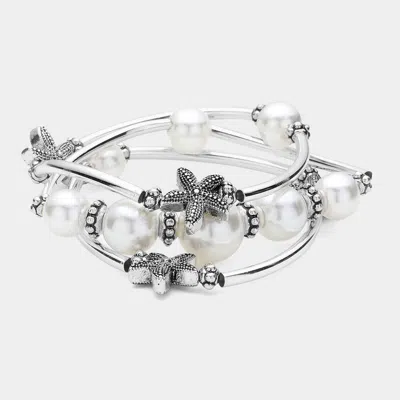Fashnzfab 3pcs - Antique Silver Starfish Pointed Pearl Stretch Multi Layered Bracelets Antique Silver, White